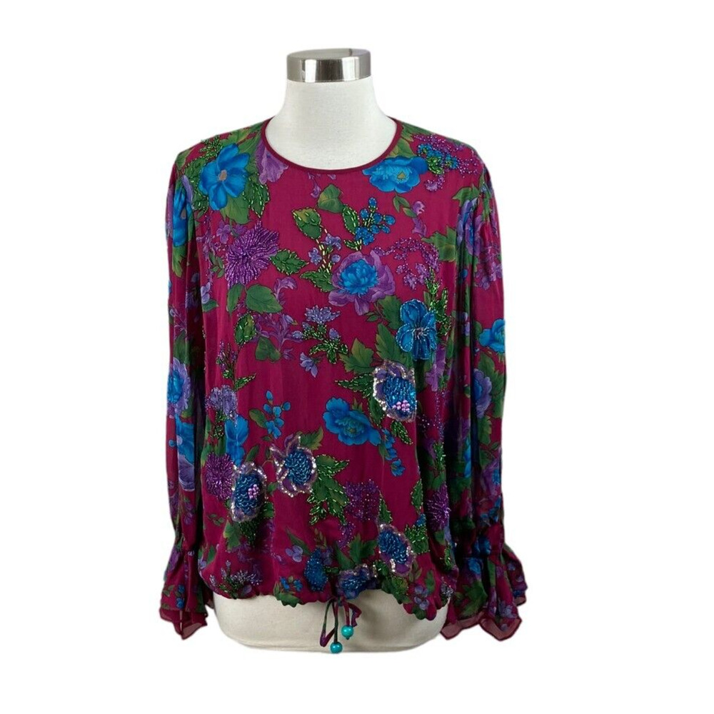 Diane Freis Collection Vintage Beaded Floral 100% Silk Tie Waist Blouse M/L